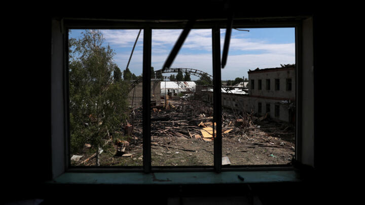 A view of a damaged wood warehouse after a strike, amid Russia's attack on Ukraine, in the outskirts of Kharkiv, Ukraine, on June 3, 2022.